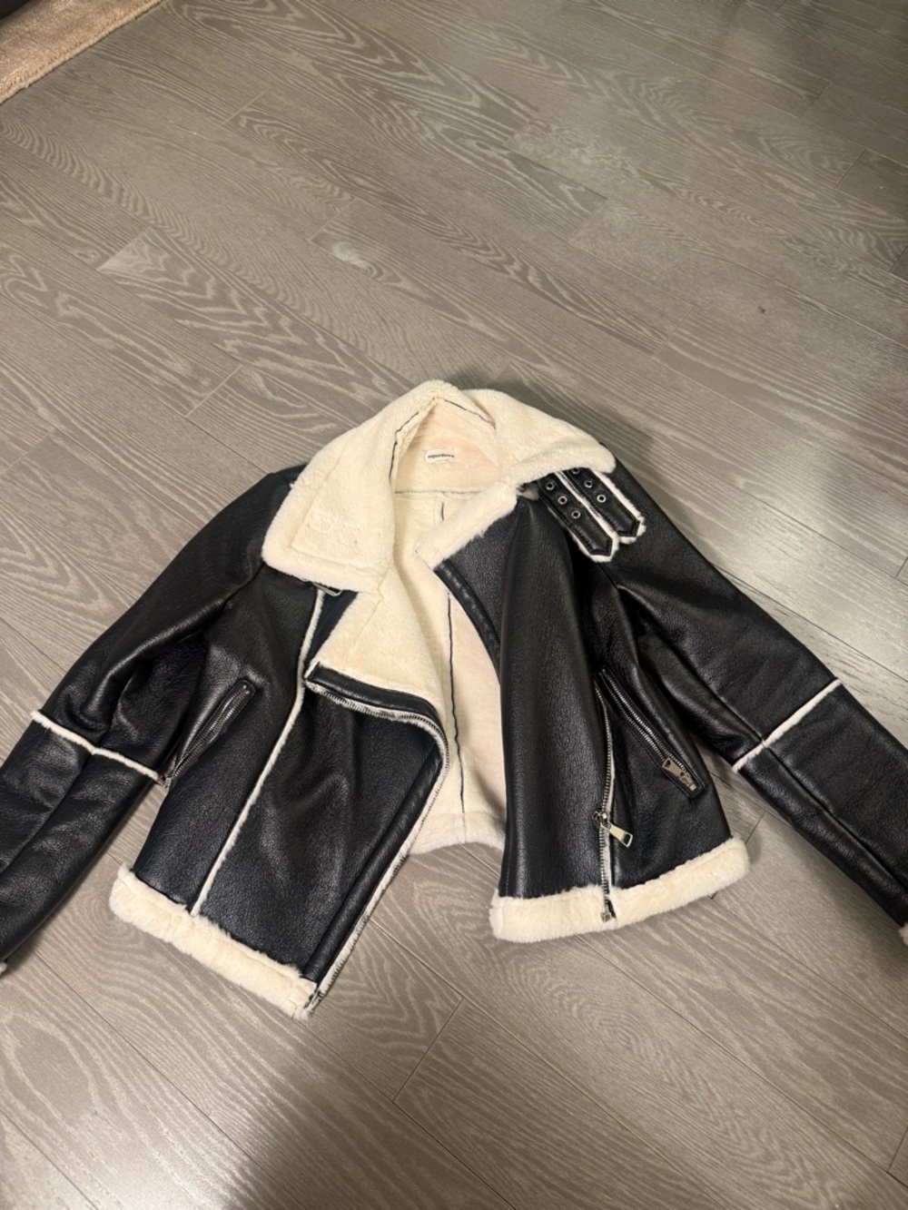 superdown Black Faux Leather Sherpa Moto Jacket with Cream Lining